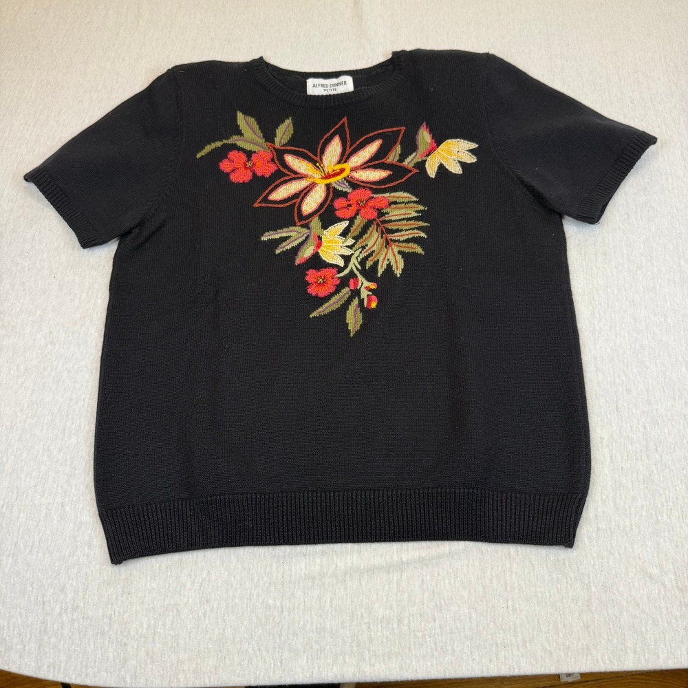 Alfred Dunner Petite Black Short Sleeve Knit Top‎ Floral Embroidered Beaded PS